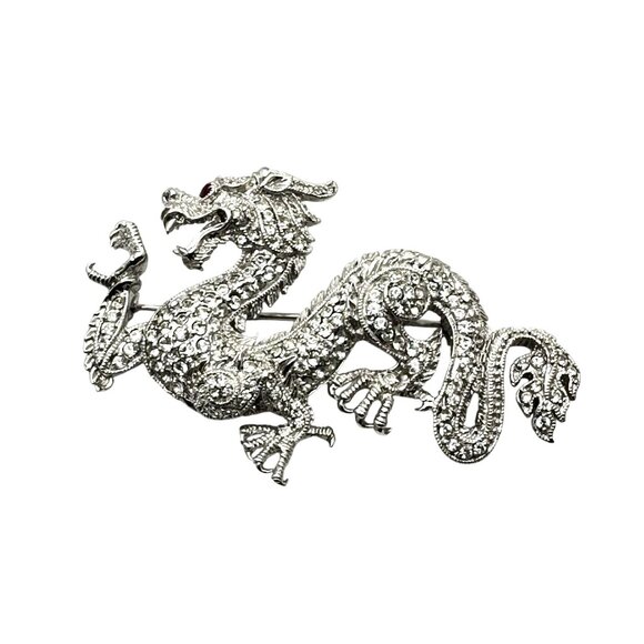 Vintage Jenna Nicole Sterling Chinese Dragon Pin Brooch Clear Glass Rhinestone - Picture 1 of 4